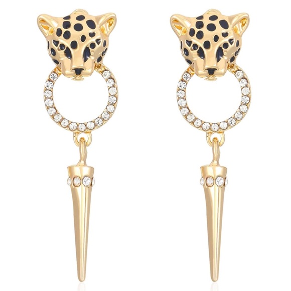 Gold-tone & Cubic Zirconia Leopard Head Drop Earrings - Picture 2 of 4